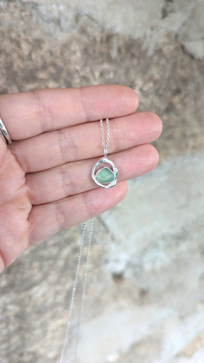 Sage Green Sea Glass & Molten Silver Necklace