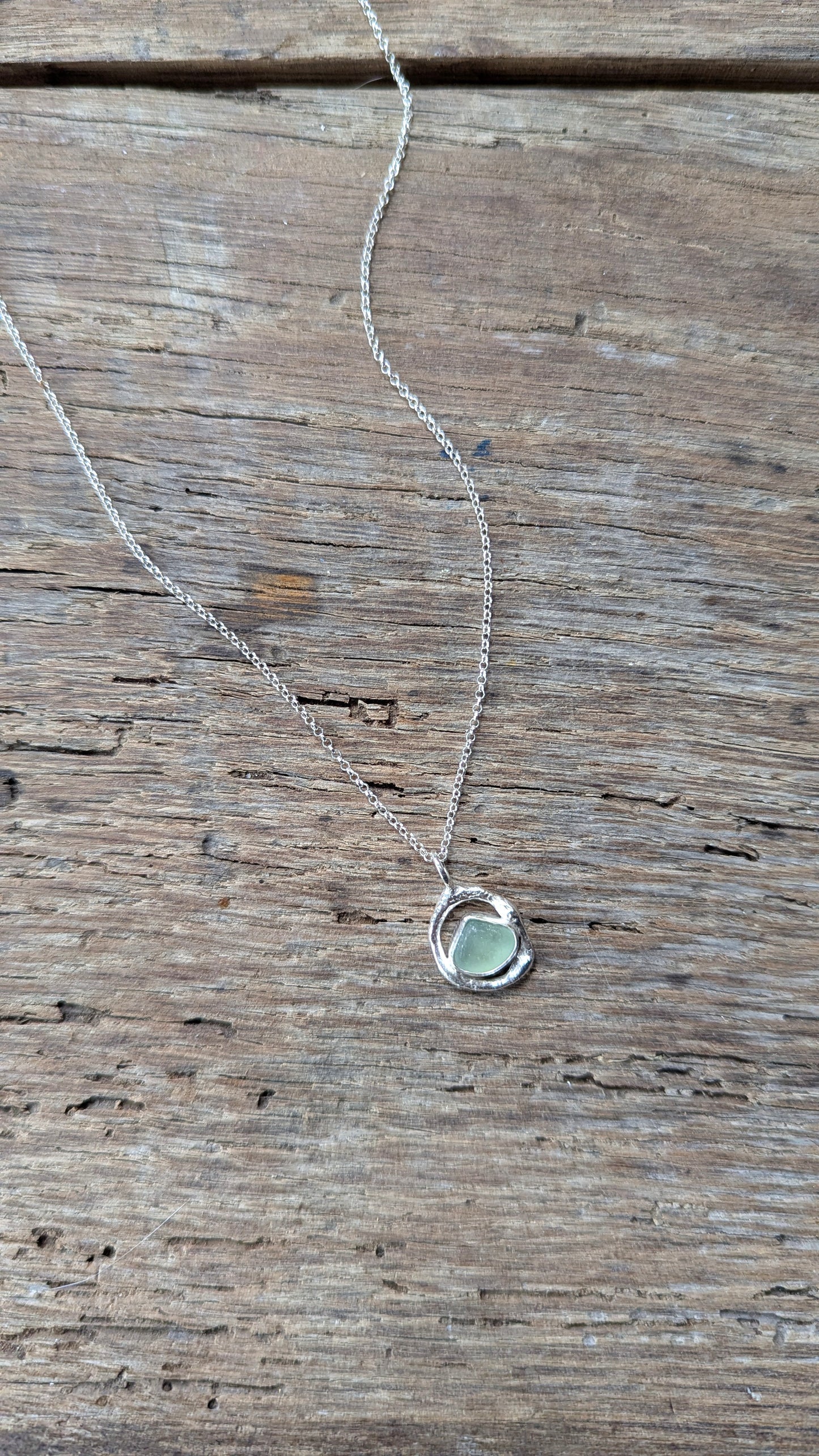 Sage Green Sea Glass & Molten Silver Necklace