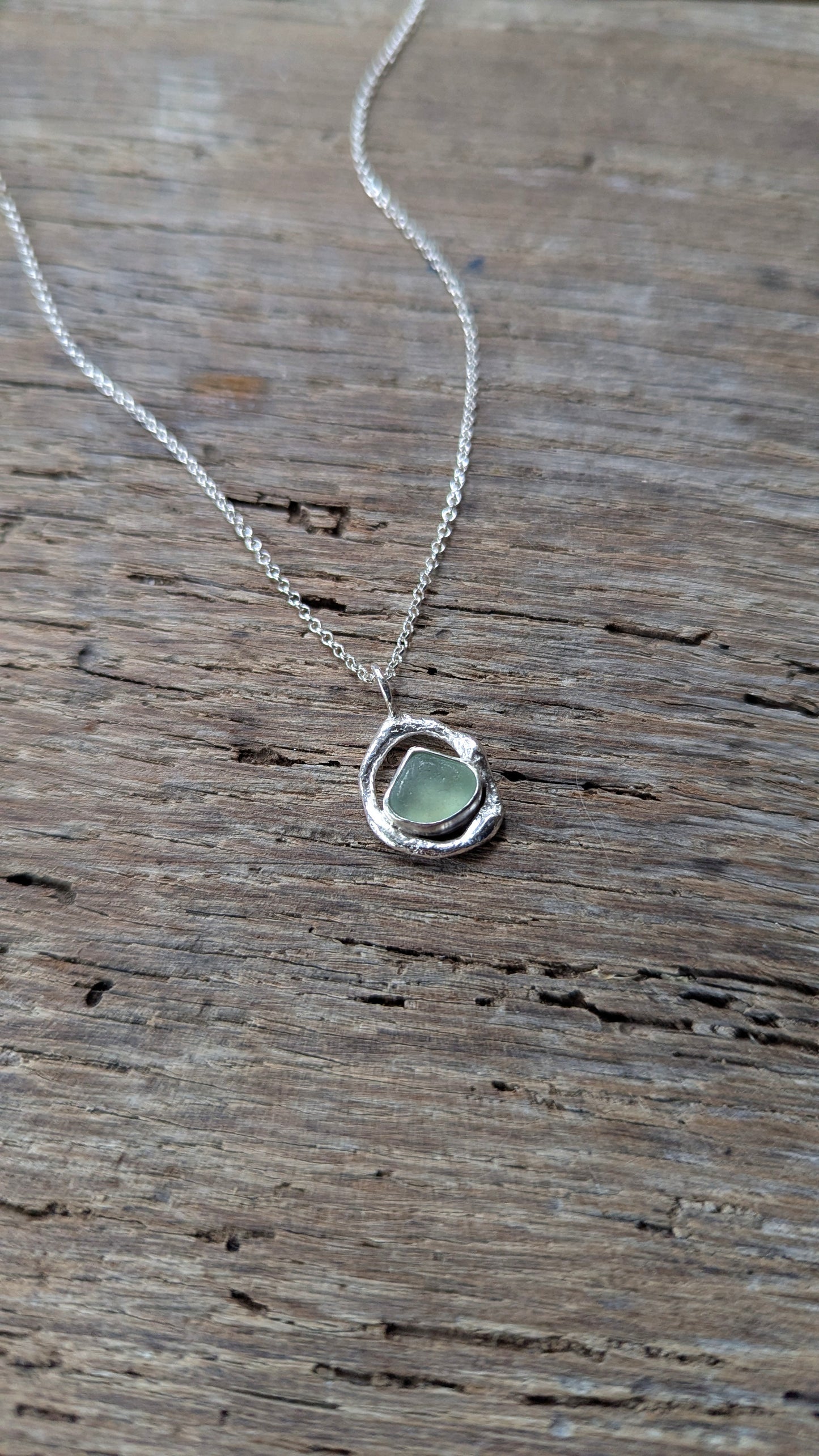 Sage Green Sea Glass & Molten Silver Necklace