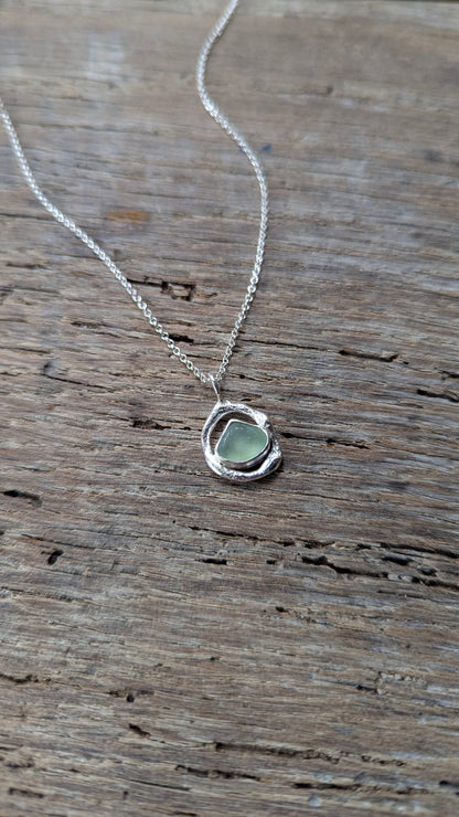 Sage Green Sea Glass & Molten Silver Necklace