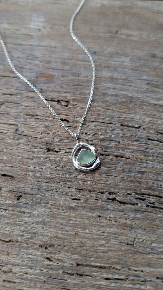 Sage Green Sea Glass & Molten Silver Necklace