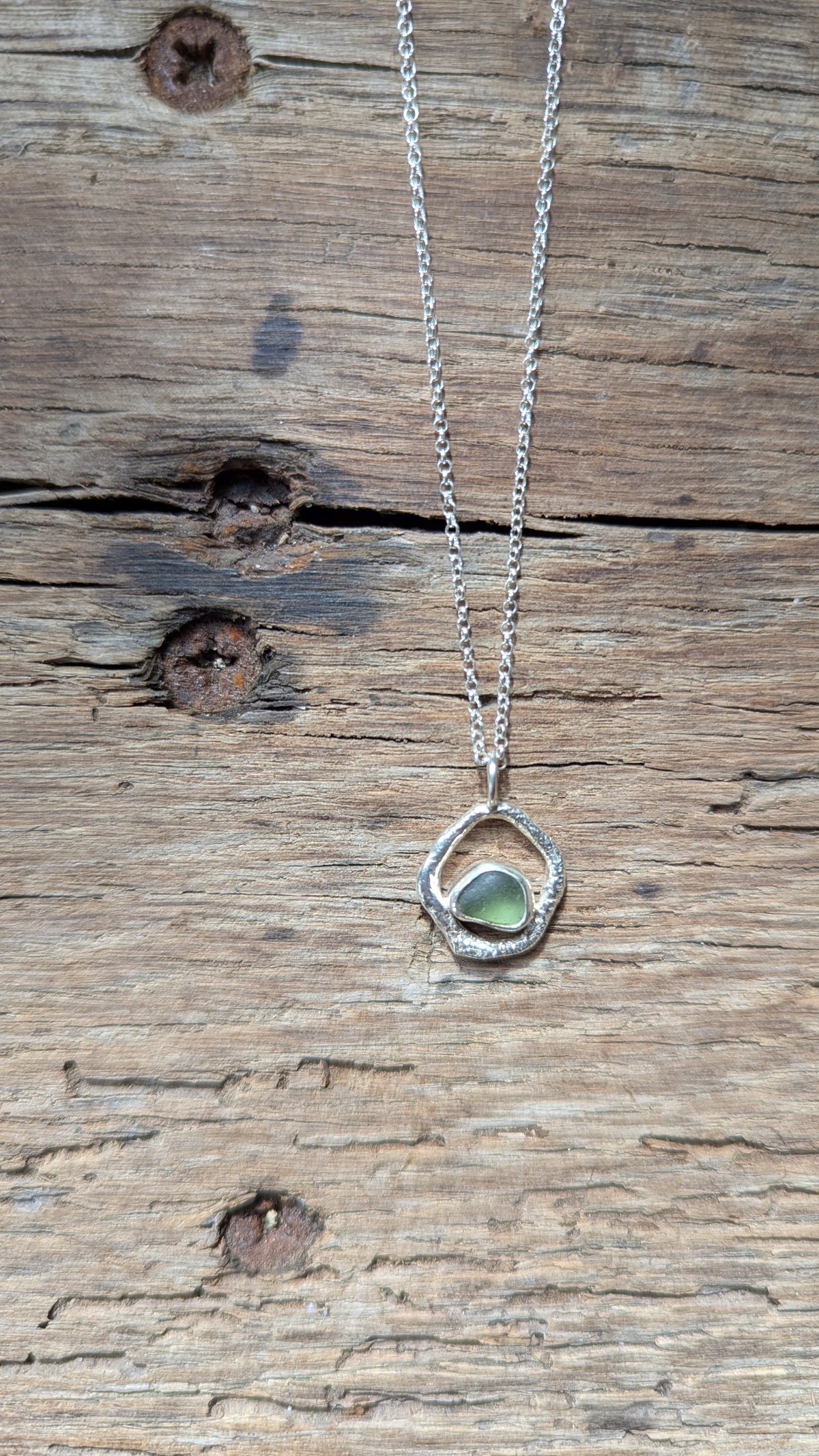 Sage Green Sea Glass & Molten Silver Necklace