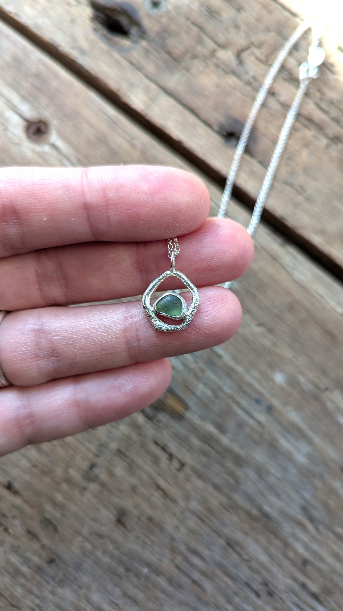 Sage Green Sea Glass & Molten Silver Necklace