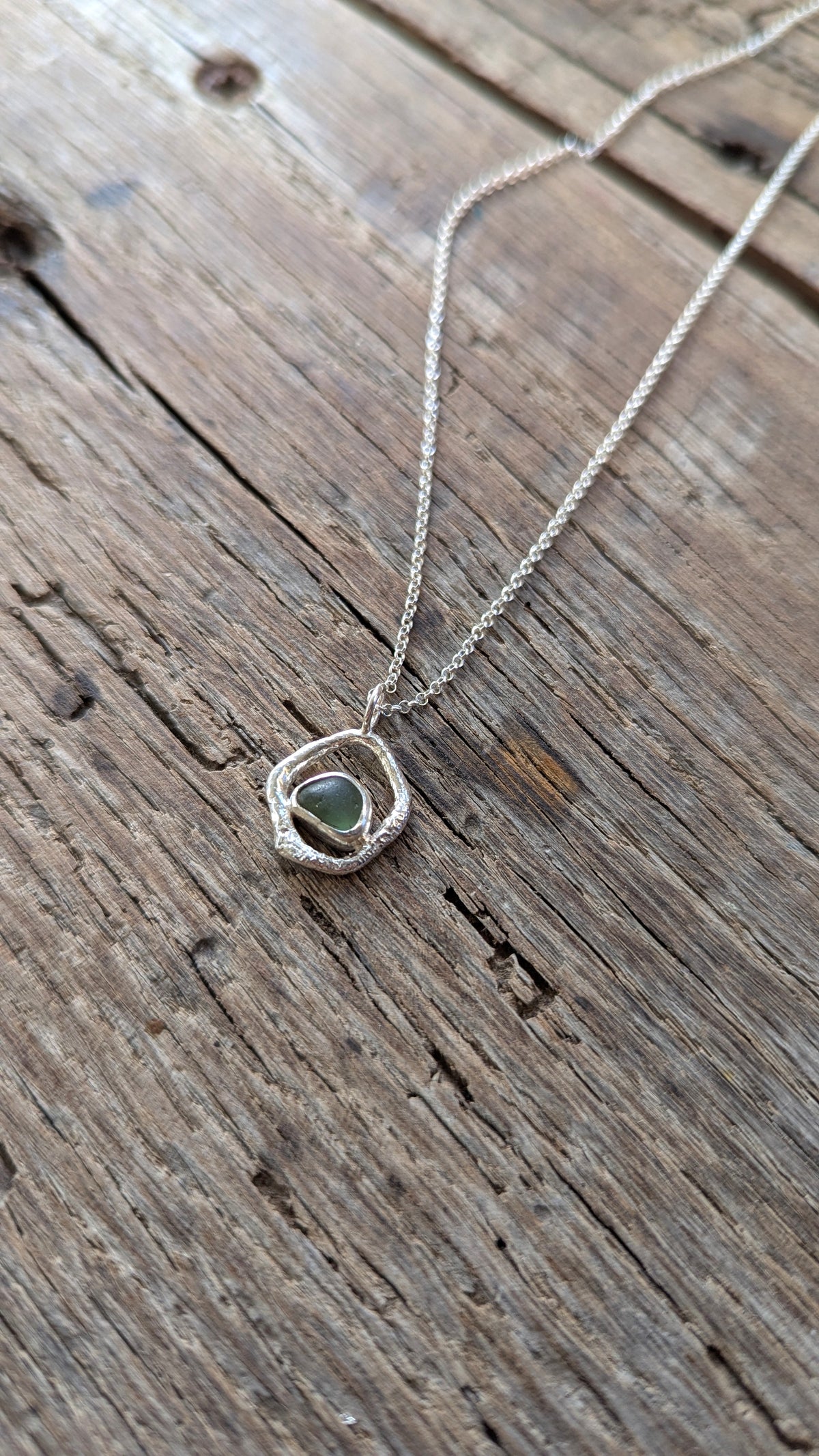 Sage Green Sea Glass & Molten Silver Necklace