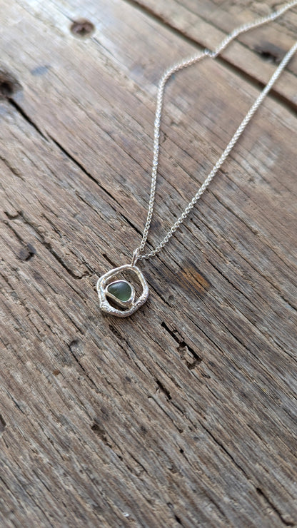 Sage Green Sea Glass & Molten Silver Necklace