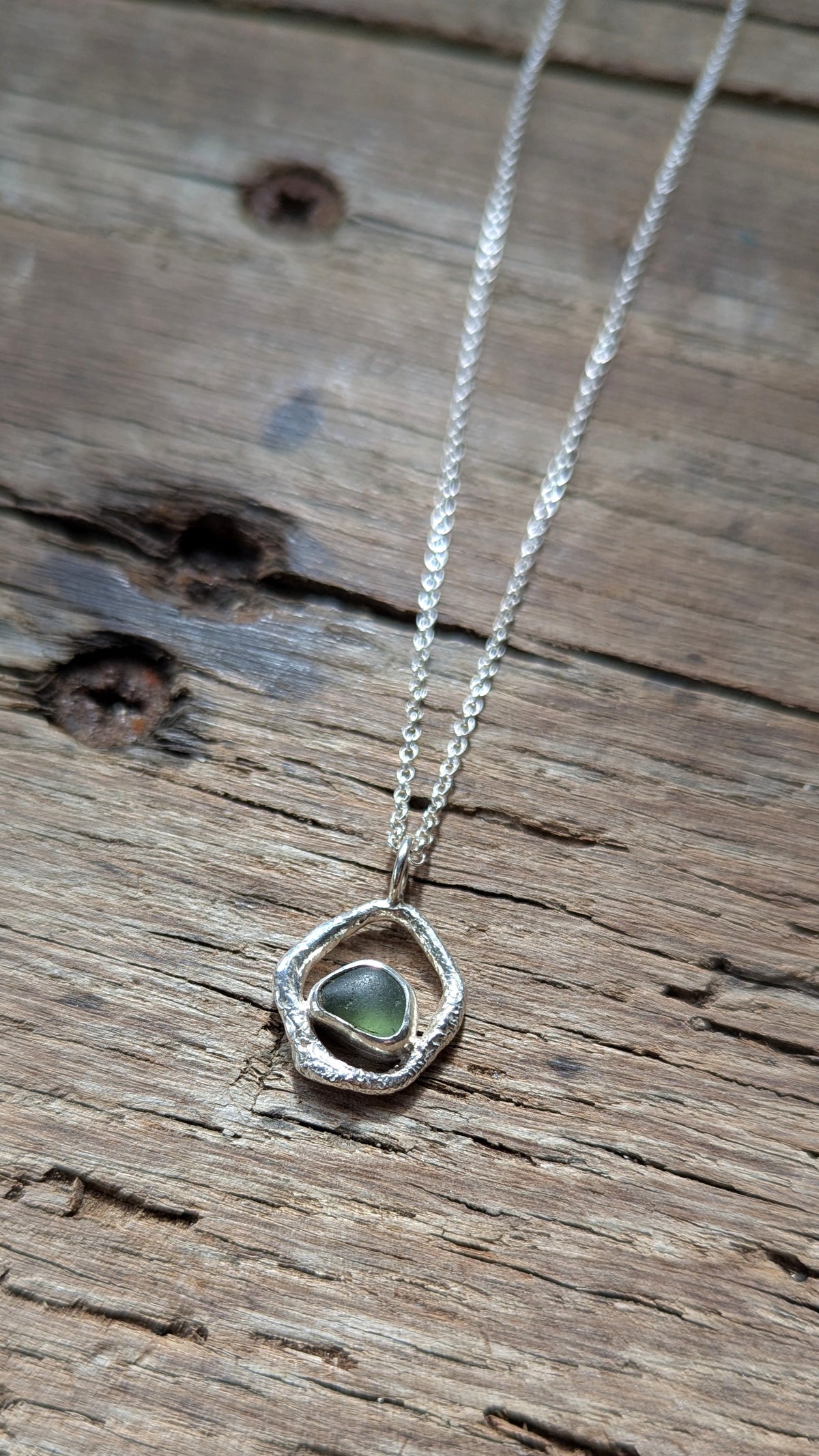 Sage Green Sea Glass & Molten Silver Necklace