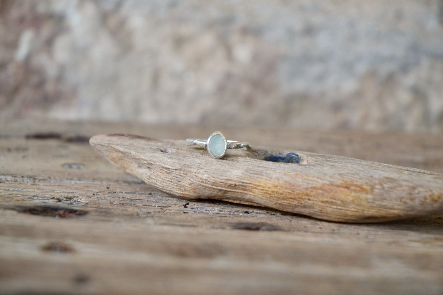Molten Silver & Seafoam Sea Glass Ring - Size O