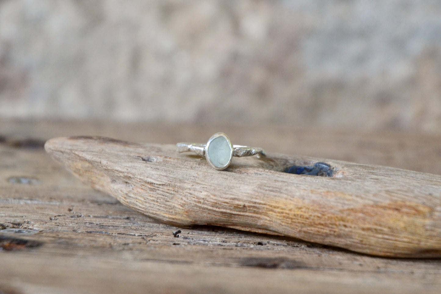 Molten Silver & Seafoam Sea Glass Ring - Size O