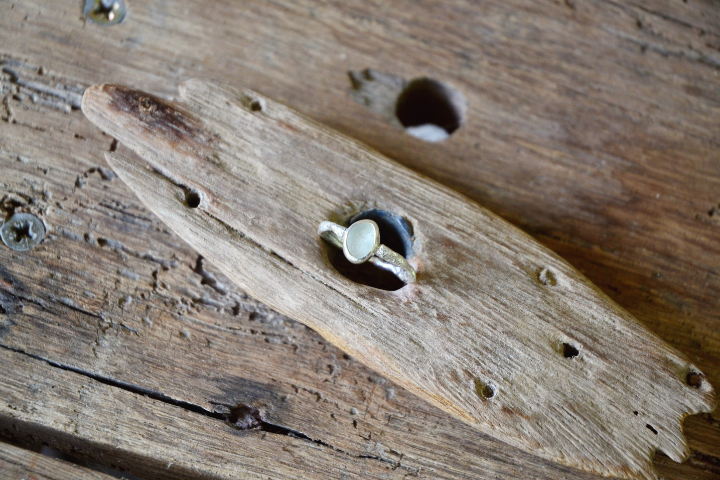 Molten Silver & Seafoam Sea Glass Ring - Size O