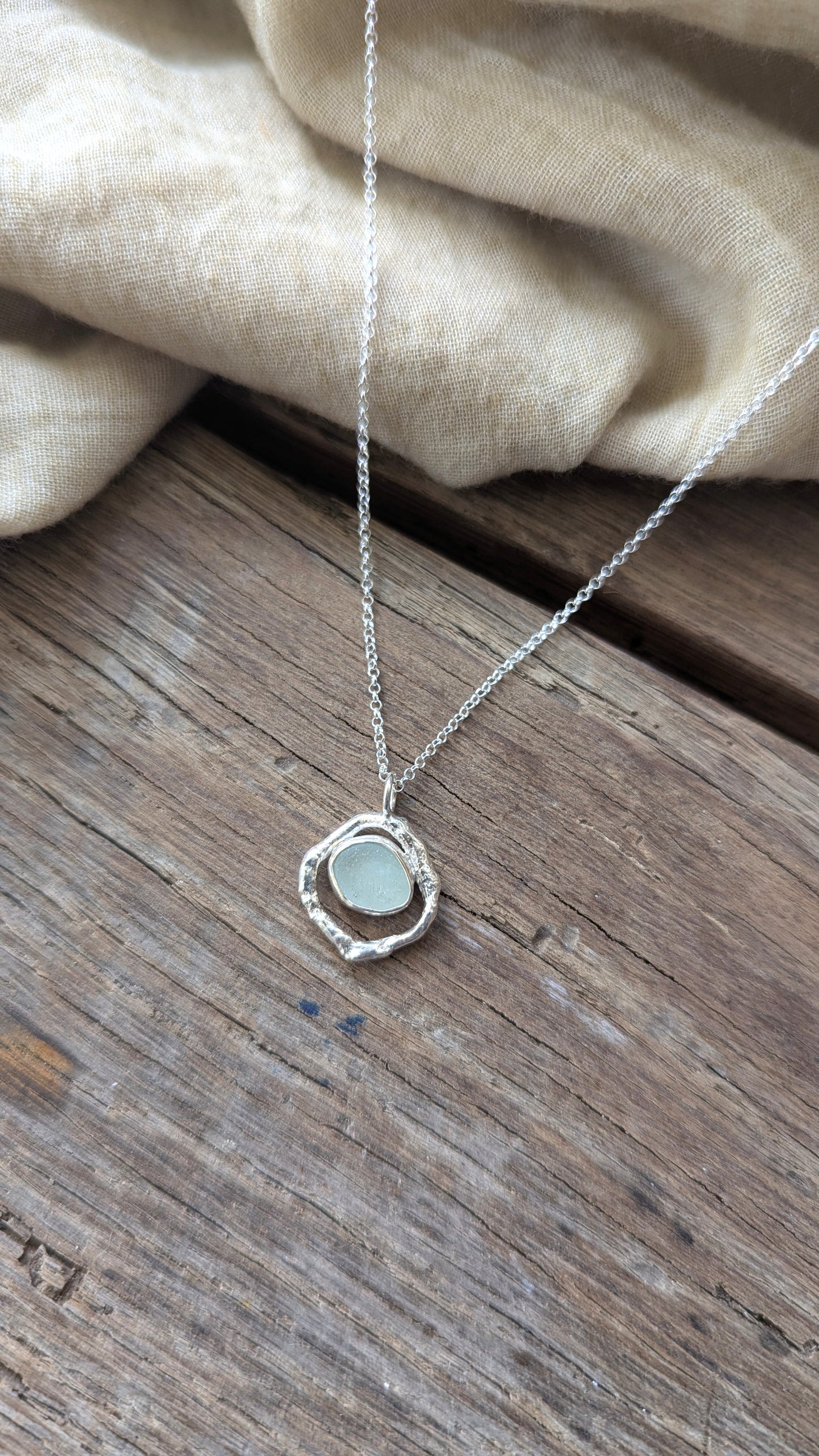 Seafoam Sea Glass & Molten Silver Necklace