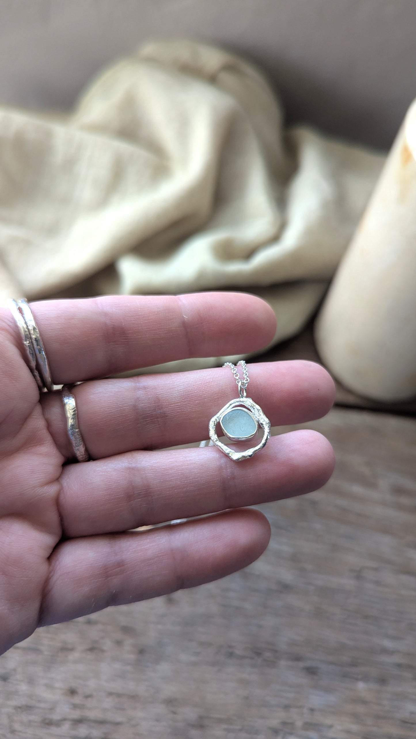 Seafoam Sea Glass & Molten Silver Necklace