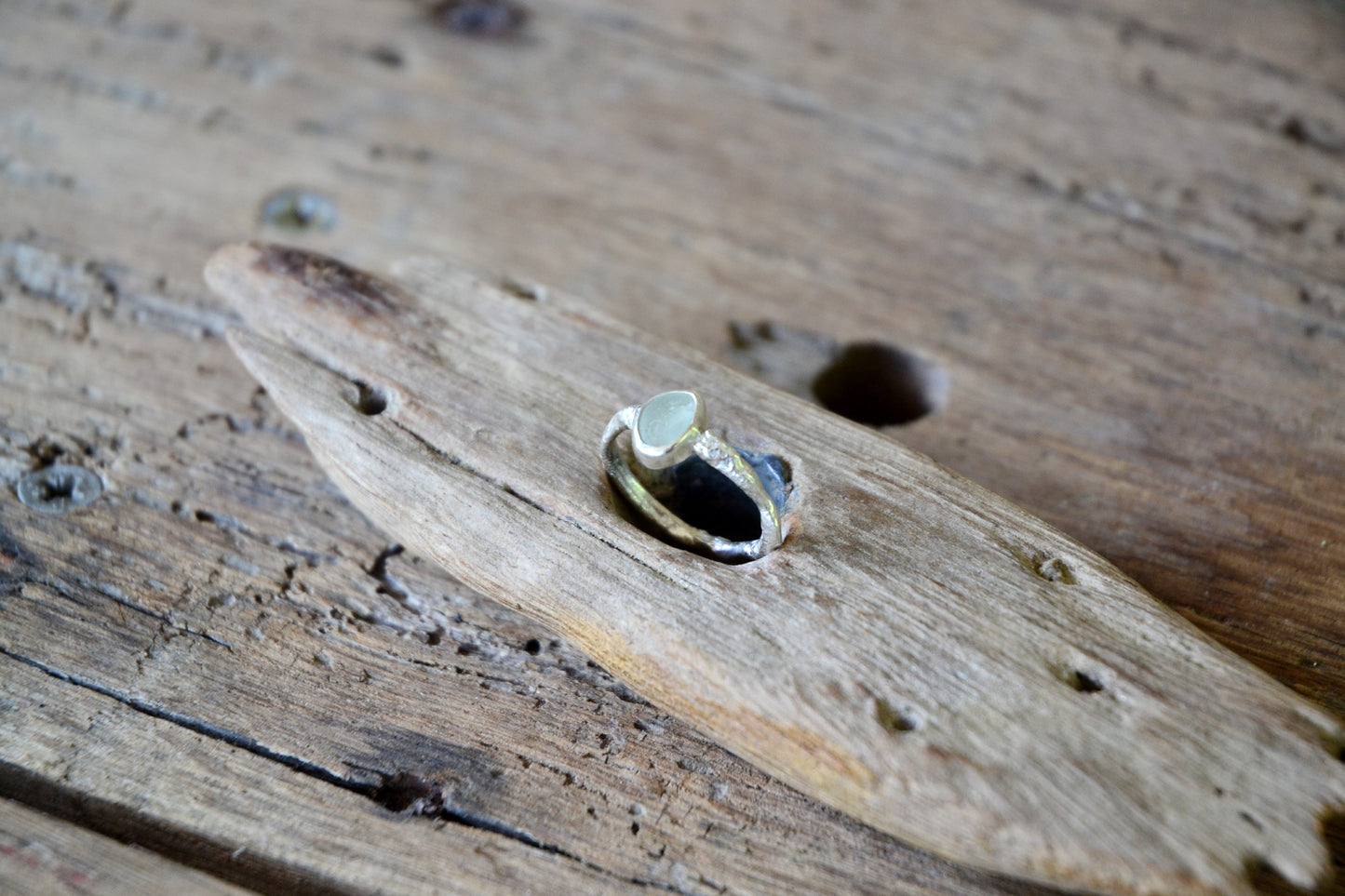 Molten Silver & Seafoam Sea Glass Ring - Size O
