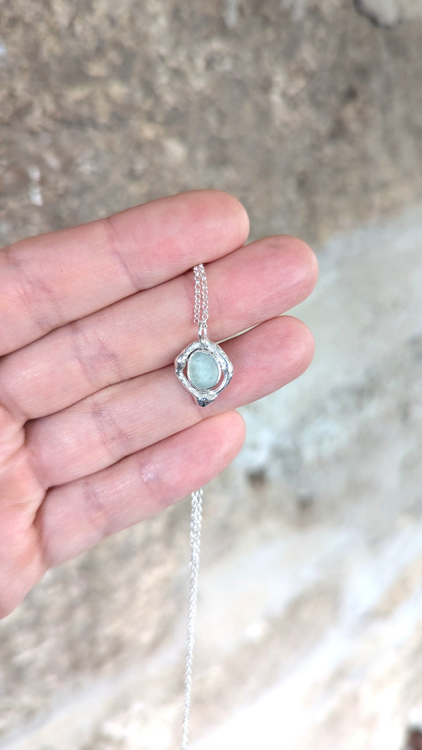 Seafoam Sea Glass & Molten Silver Necklace