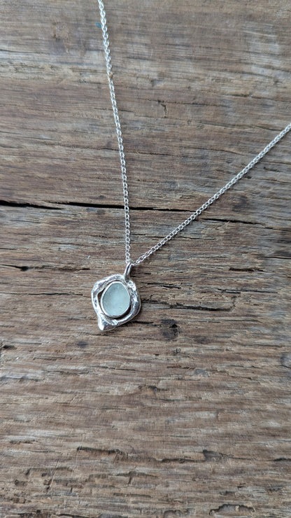 Seafoam Sea Glass & Molten Silver Necklace