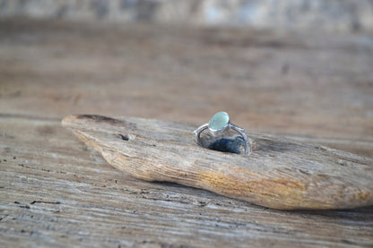 Seafoam Sea Glass & Molten Silver Ring - Size Q