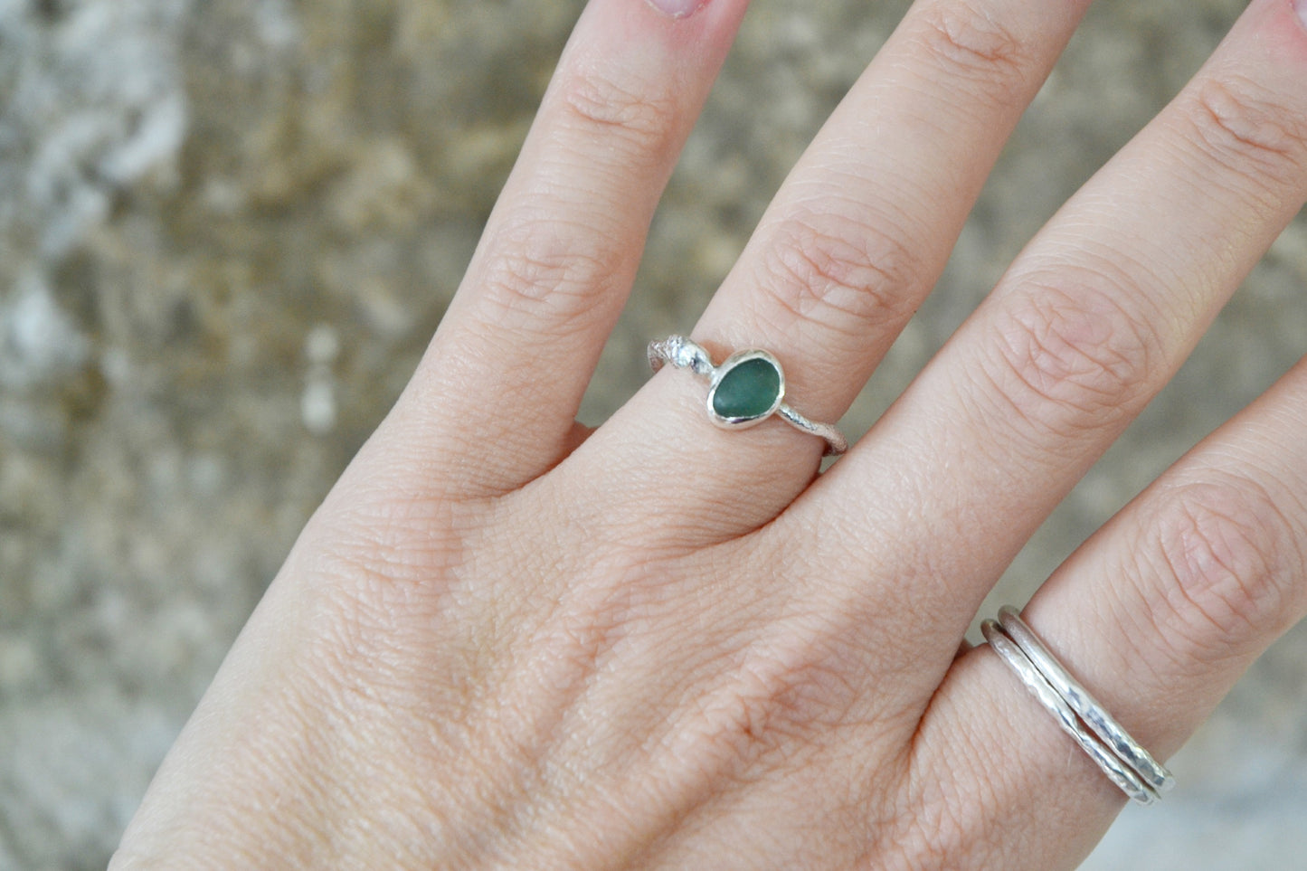 Teal Green Sea Glass & Molten Silver Ring - Size O
