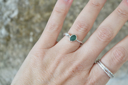 Teal Green Sea Glass & Molten Silver Ring - Size O
