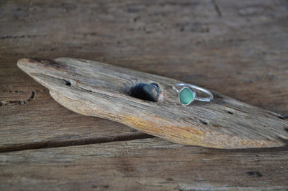 Teal Green Sea Glass & Molten Silver Ring - Size P