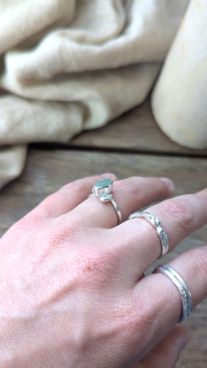 Teal Sea Glass & Molten Silver Ring