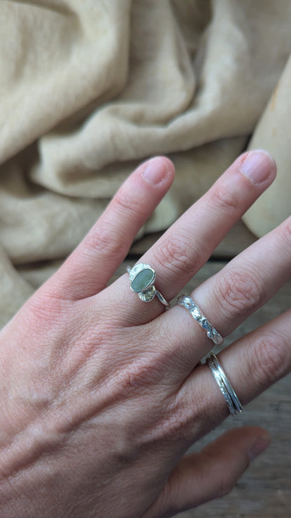 Teal Sea Glass & Molten Silver Ring