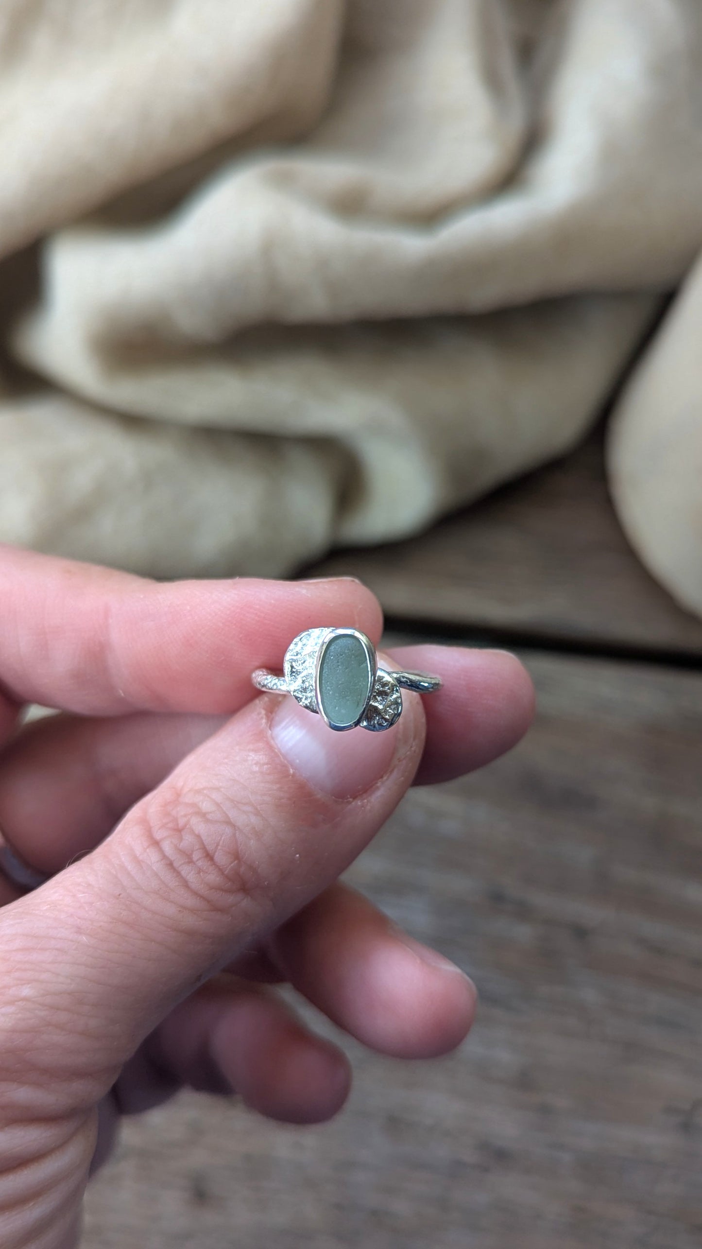 Teal Sea Glass & Molten Silver Ring