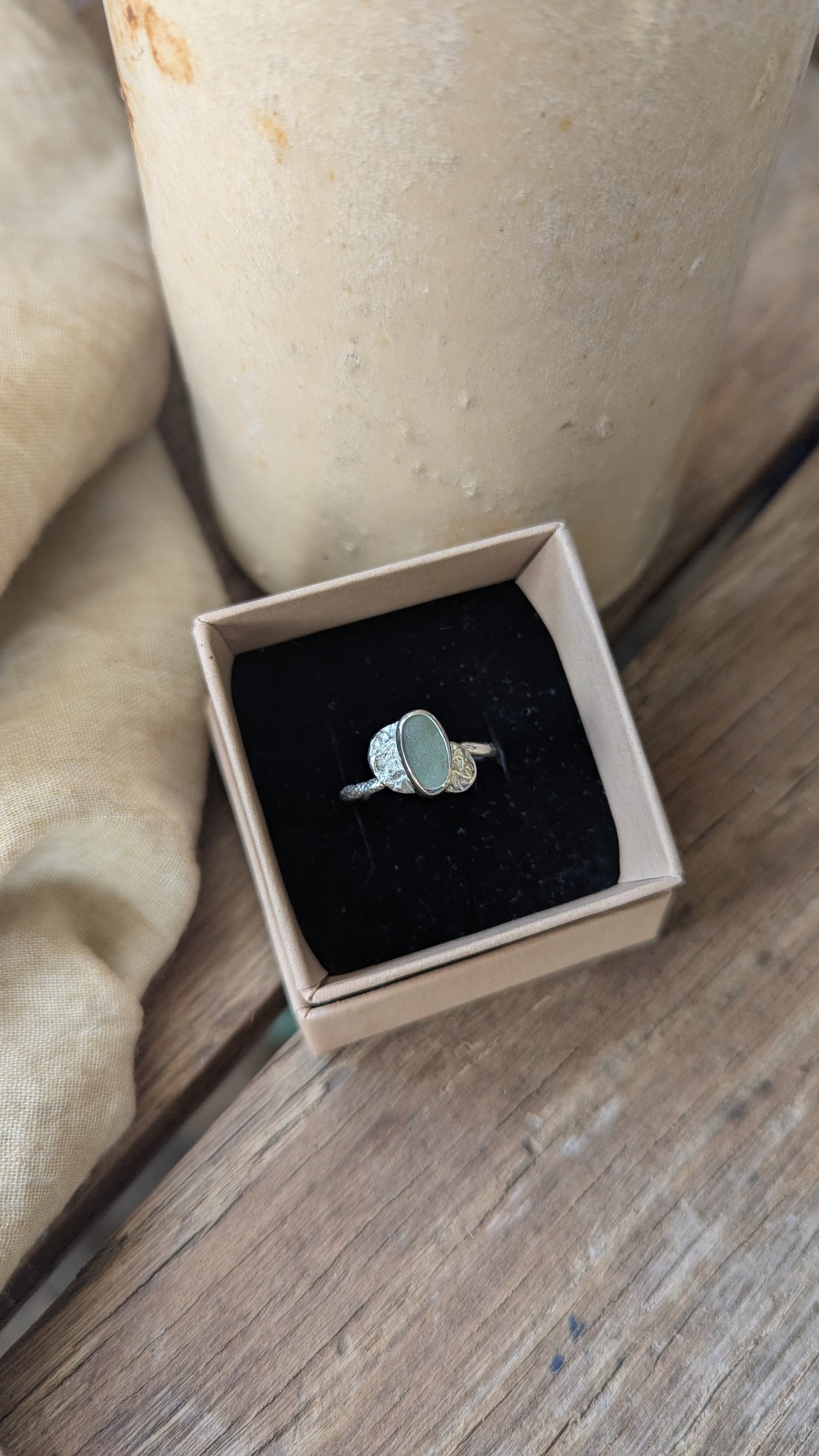 Teal Sea Glass & Molten Silver Ring