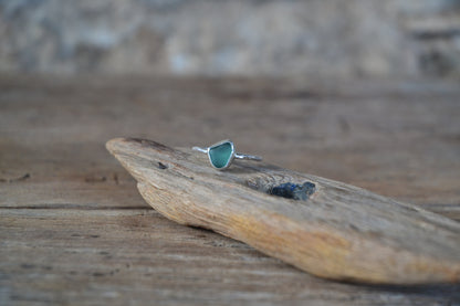 Teal Sea Glass & Molten Silver Ring - Size Q